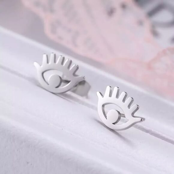 Dainty Silver Evil Eye Stud Earrings - Picture 1 of 4